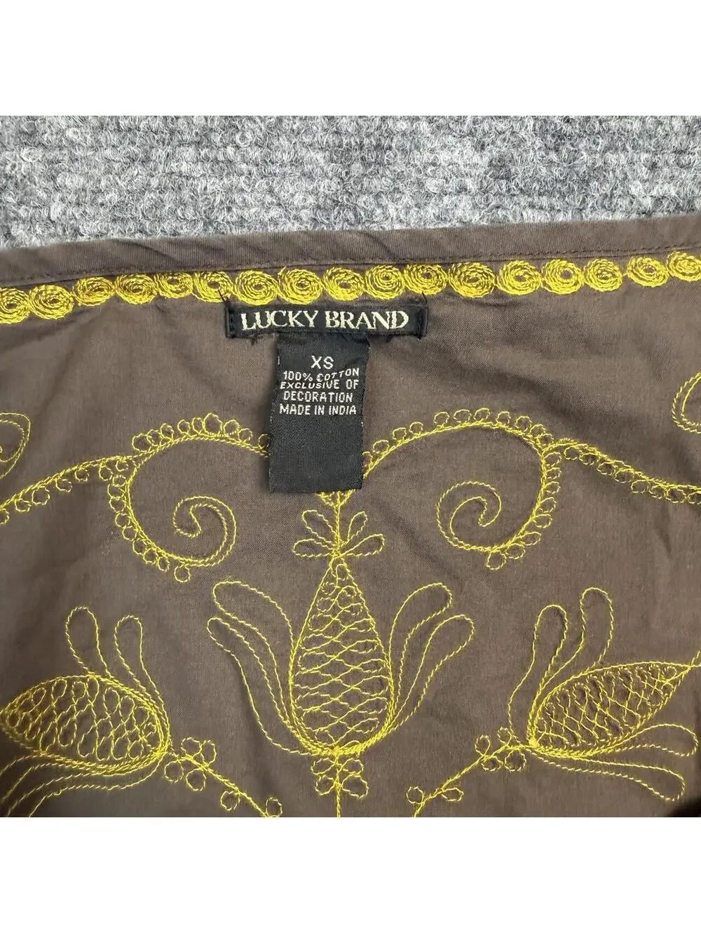 Lucky Brand Mini Dress XS Brown Yellow Floral Embroidered